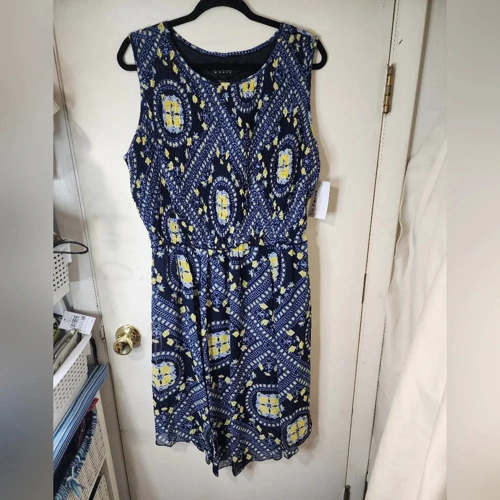 NWT Enfocus Studio Dress Plus Size 20W Navy Blue With Yellow Sleeveless